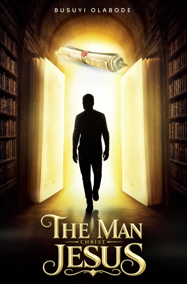 Front cover of The Man Christ Jesus — a man silhouetted, walking into light between two giant open books in an ancient library